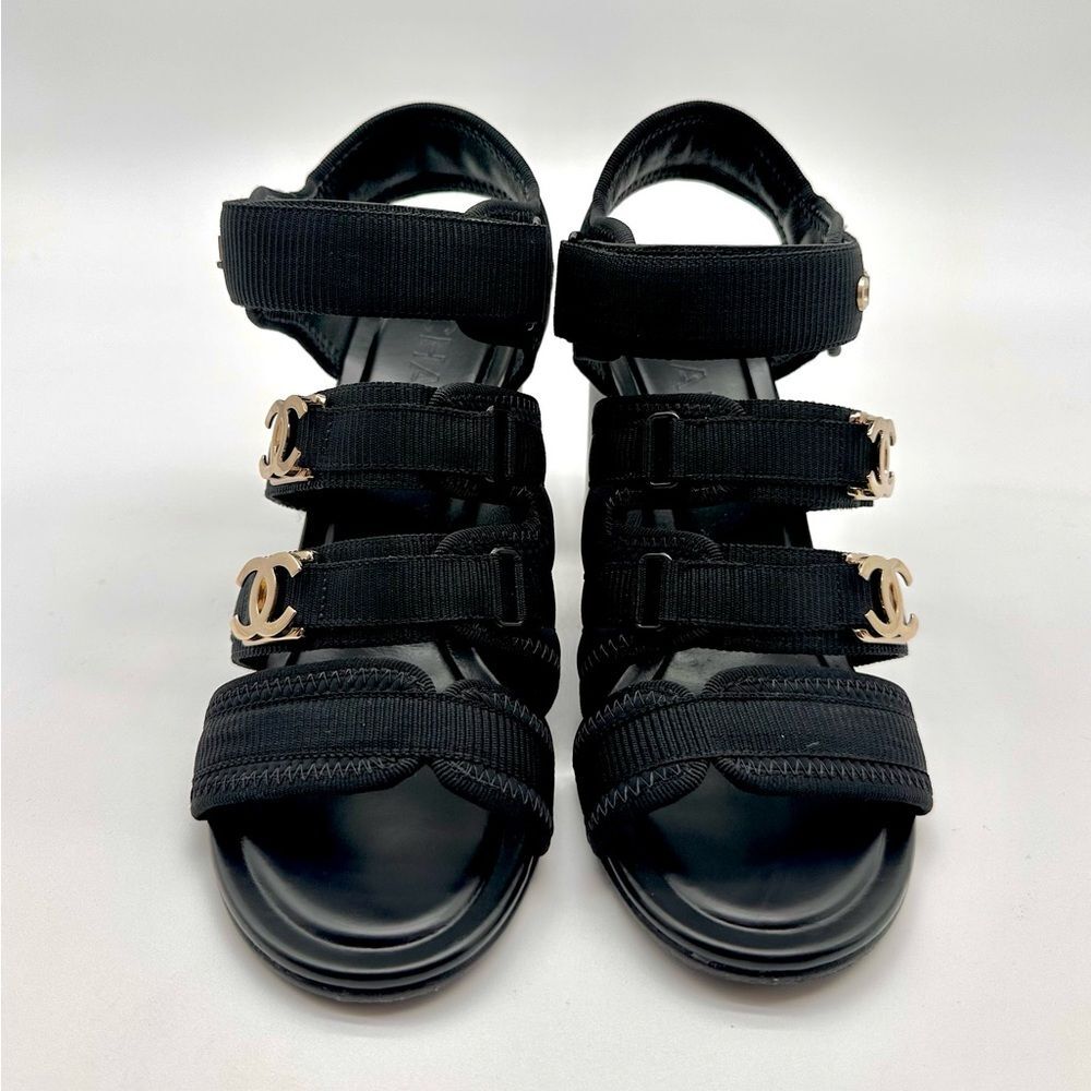 Chanel 24C Gold CHANEL & CC Logo Black Fabric Block Heel Strappy Sandals EU 37 - Picture 3 of 16
